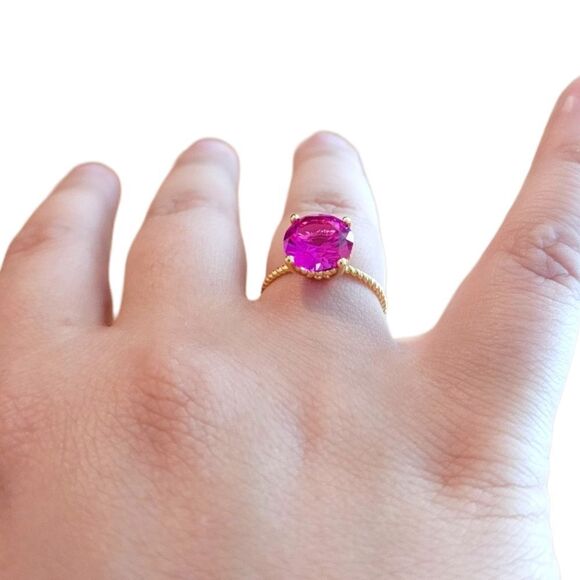 Pink Zirconia Crystal Large Gemstone Sterling Silver Twisted Rope Ring (Size 7) - Picture 5 of 5